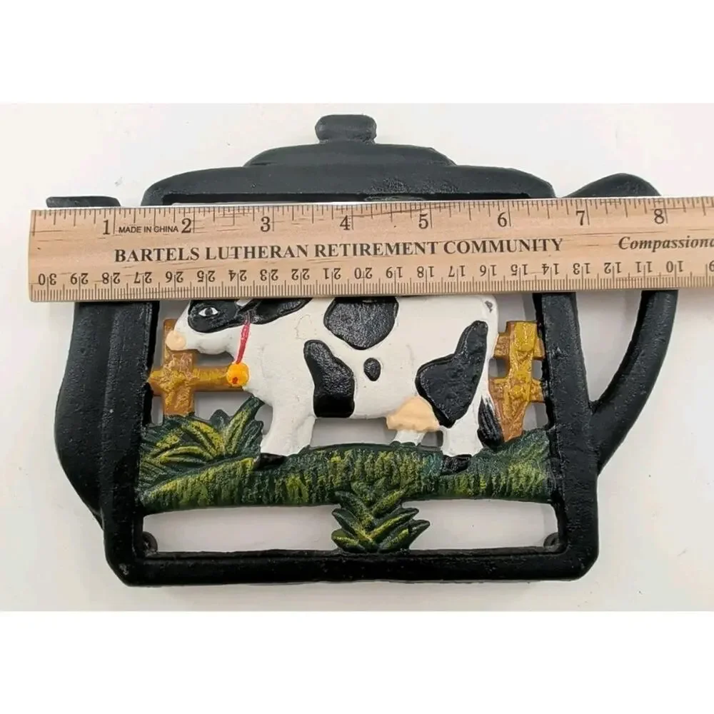 Vintage Cast Iron Teapot White Cow Black Spots Footed Trivet-Country Rustic Farm